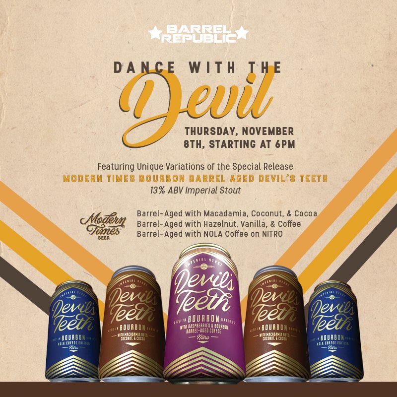 BarrelRepublic's tweet image. The @ModernTimesBeer Devils Teeth Tap Takeover is tomorrow in #PacificBeach! Come over and celebrate #SDBeerWeek with unique variations of their Bourbon Barrel-Aged Devil&apos;s Teeth:
-
🍺 BA Macadamia, Coconut, Cocoa
🍺 BA Hazlenut, Vanilla, Coffee
🍺 BA NOLA Coffee on NITRO
