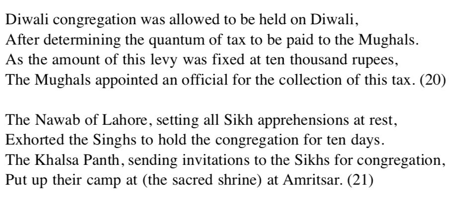 As such, Bhai Mani Singh was a large figure in the early Sikh Panth. One year, he organized the annual Diwali congregation for Sikhs, at Amritsar. He got permission from the Mughal authorities to do this as long as he paid a tax, which he agreed to (4)