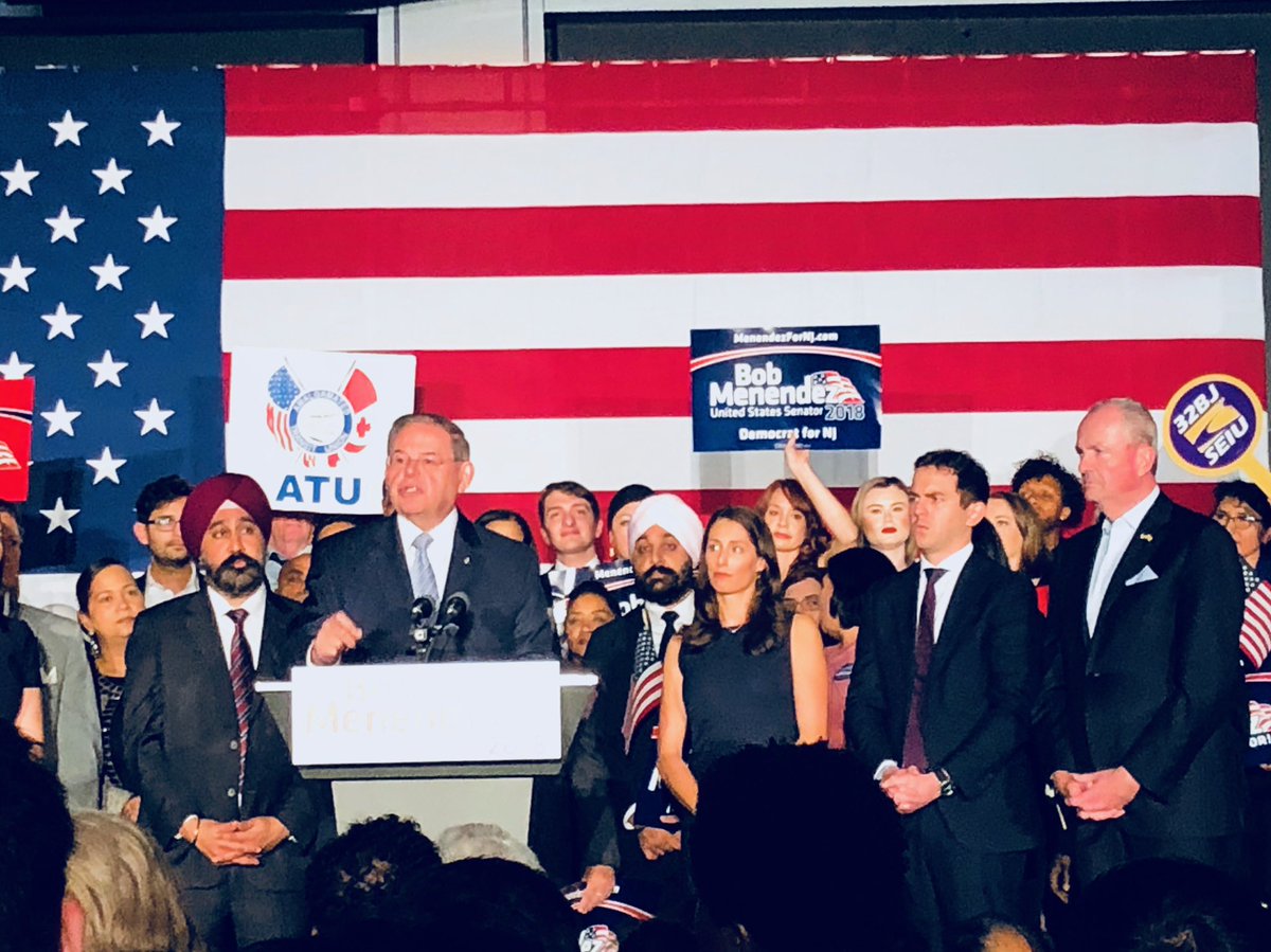 RaviBhalla's tweet photo. I’m very proud of Hoboken’s role in the #BlueWave w/ our federal reps- @SenatorMenendez &amp; @RepSires benefiting from our record turnout numbers! A big congrats also to our friend @MikieSherrill who we were thrilled to host this summer. And thx @hobokendems for helping #keepNJBlue! https://t.co/dTuU3axYql