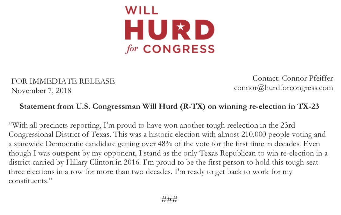 Statement on winning re-election in #TX23