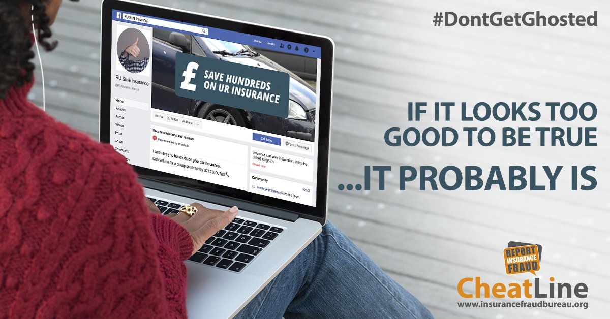 TheIFB's tweet photo. #DontGetGhosted Beware of suspicious car insurance adverts on social media. If you've seen something that looks too good to be true, report it to the social media site. If you think you've been a victim of insurance fraud, report it to the IFB's Cheatline on 0800 422 0421 https://t.co/JJeAGvUHYJ