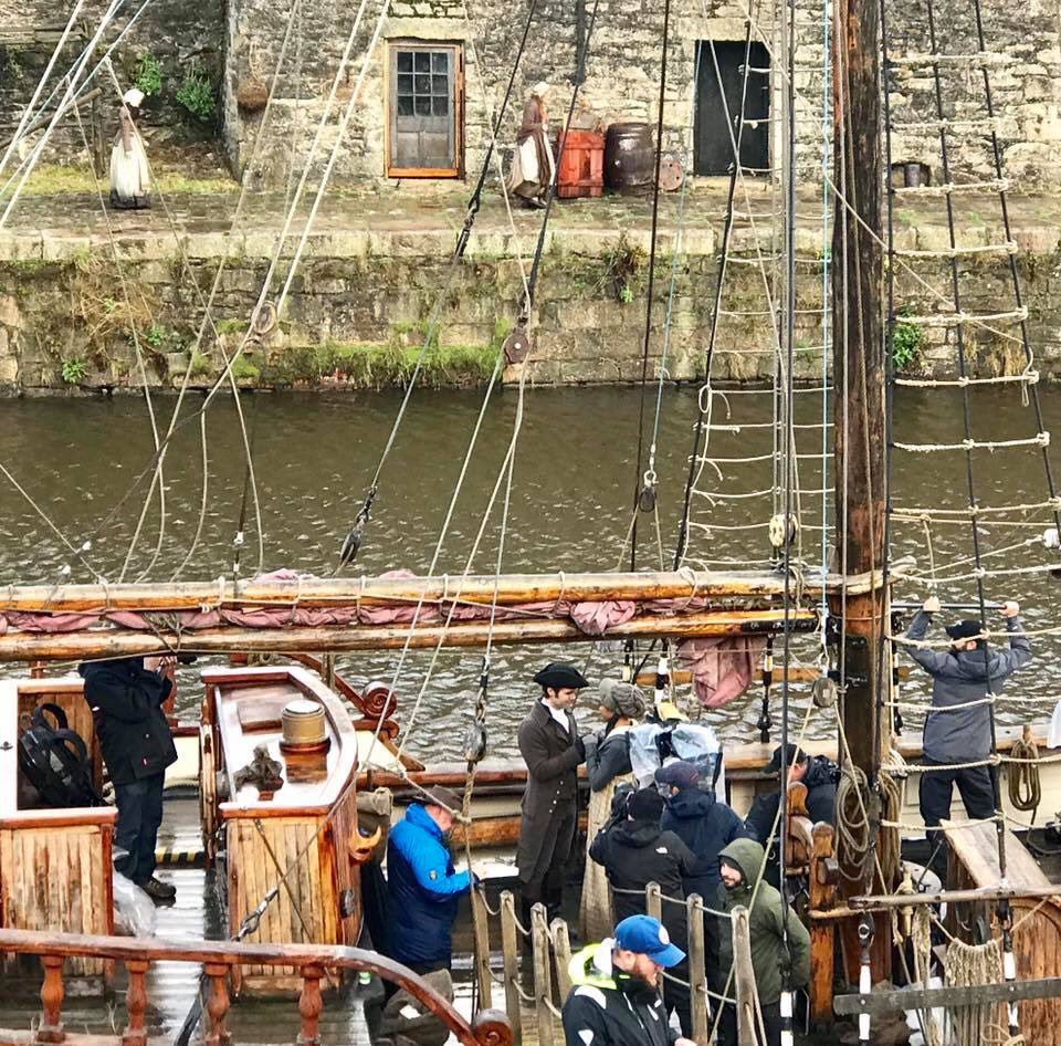 Today at #Charlestown in #Cornwall. Actor #LukeNorris (Dr Dwight Enys) filming for #Poldark Series 5 onboard a ship