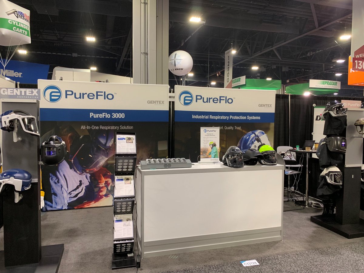 Gentex_Corp's tweet photo. Our #PureFlo team is kicking off day 2 at @FabtechExpo 2018. Don't forget to visit us in booth #C13124 to check out our #NIOSH approved and #CSA compliant #respiratory protection systems! https://t.co/D5qxd4o8z8