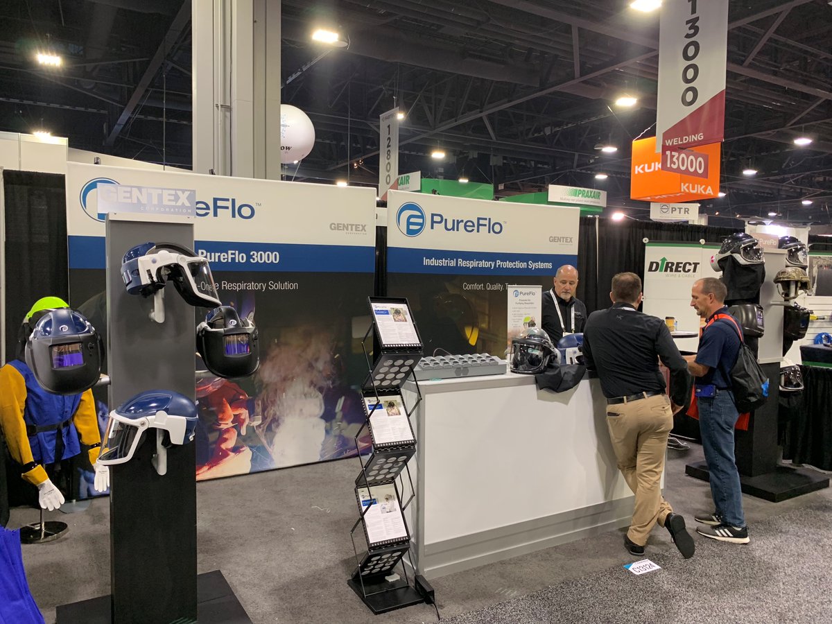 Gentex_Corp's tweet photo. Our #PureFlo team is kicking off day 2 at @FabtechExpo 2018. Don't forget to visit us in booth #C13124 to check out our #NIOSH approved and #CSA compliant #respiratory protection systems! https://t.co/D5qxd4o8z8