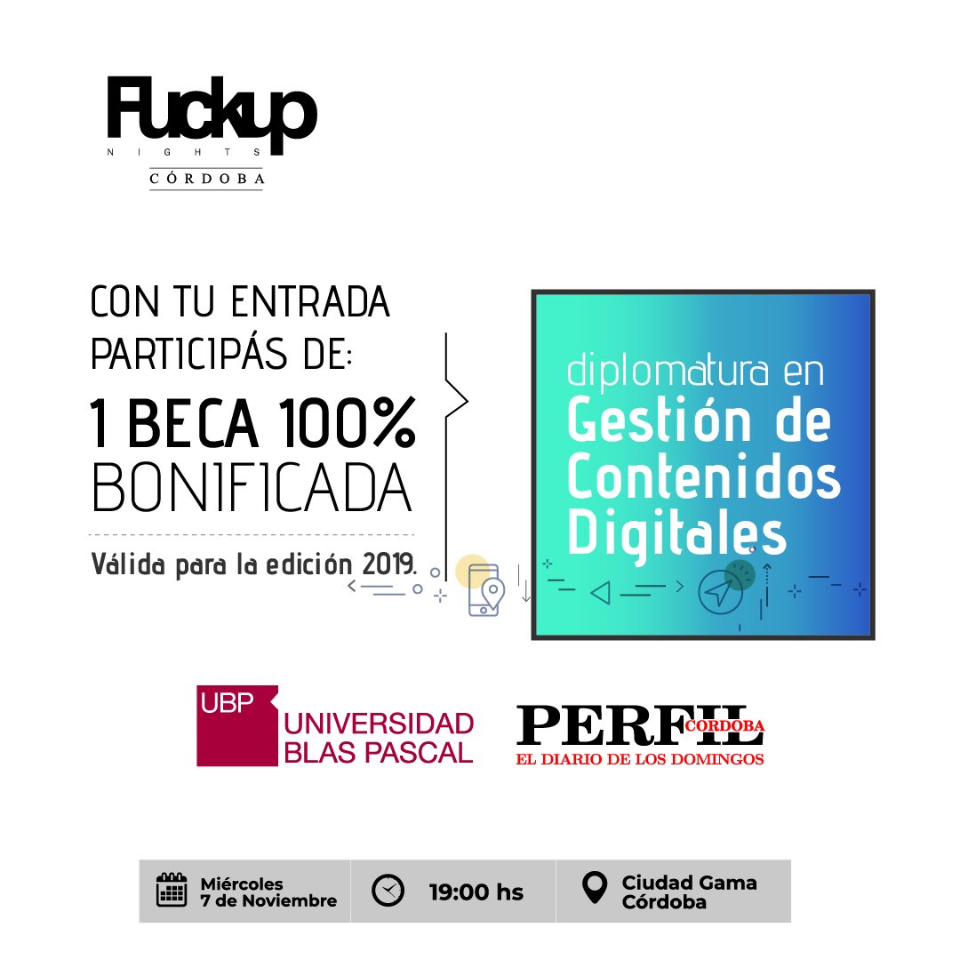Hoy no te pierdas FUCKUP NIGHTS!!
Con tu entrada participas en el sorteo de una Beca para la Diplomatura en Gestión de Contenidos Digitales!!! #UBP #PerfilCórdoba 

Conseguí tus entradas en este link! ⬇️
fuckupnights.com/cordoba-argent…
