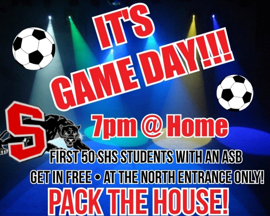 GirlsPanthers's tweet photo. Guess what day it is? 
It's GAME DAY at 7pm at HOME!!! 
First 50 Students with a SHS ASB get in FREE! 
Gates open at 5:30pm • Please come out tonight to support your SHS Girls Soccer Team!!! 
⚽️❤🖤🐾🙋‍♂️🙋‍♀️ https://t.co/7Z6UVU4e0i