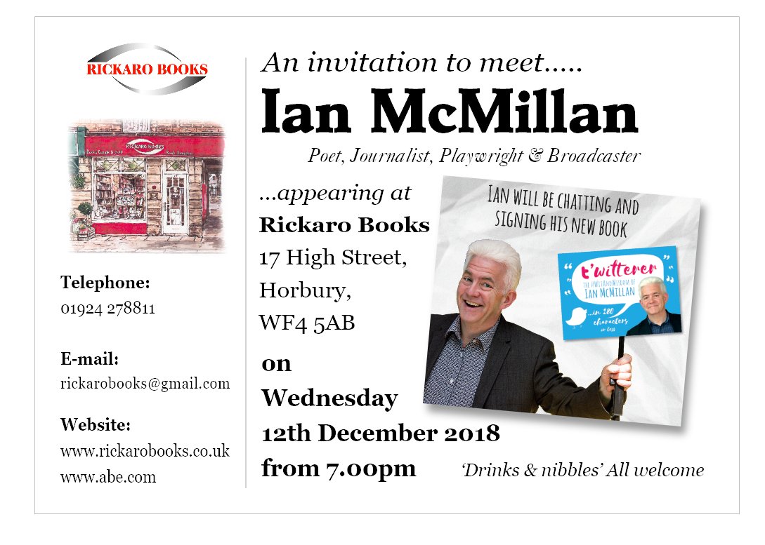 Here is a great date for your diary meet <a href="/IMcMillan/">Ian McMillan</a> on Wednesday December 12th 7pm all welcome <a href="/RickaroBooks/">Rickaro Books</a> <a href="/HorburyVillage/">Horbury Village</a> <a href="/horburychurch/">horburychurch</a> <a href="/WakeExpress/">Wakefield Express</a> <a href="/Expwakefield/">Experience Wakefield</a> @DalesmanEditor <a href="/DalesmanBooks/">Dalesman Books and Calendars</a> <a href="/DalesmanLinda/">Linda McFadzean</a>