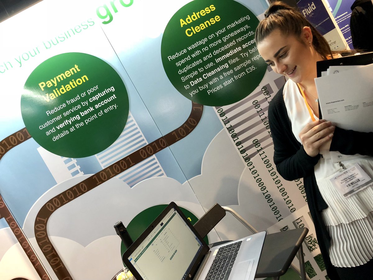 HopewiserLtd's tweet photo. Sales graduate, Stephanie, demonstrating Address Cleanse at #eCSN18 yesterday. If you're visiting the exhibition today, make sure you visit us on stand 129 for all your address management &amp; data cleansing queries! @eComShowNorth 😃✅ #ecommerce #business https://t.co/FT7jWURQC4