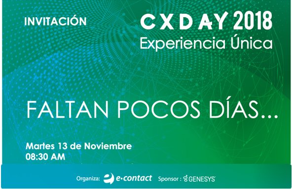 CCDAY_Chile's tweet photo. ¡Faltan solo 6 días! Para el #CXDAY Chile 2018 @CCDAY_Chile más información en: https://t.co/uyRDuclpuE

#Tendencias #Tecnología #AI #CX #ContactCenter @eContact_LATAM https://t.co/wakXjiuxL8
