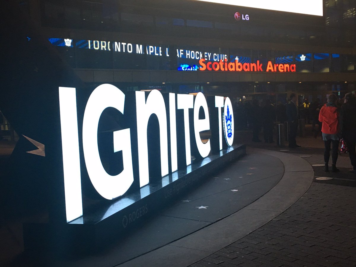 Rogers's tweet photo. Take command for your chance to win @MapleLeafs tickets! Share your photo with the Ignite TO sign at @ScotiabankArena and tag #IgniteEveryday for your chance to win! #MakeMorePossible https://t.co/VQFADIKY8Z