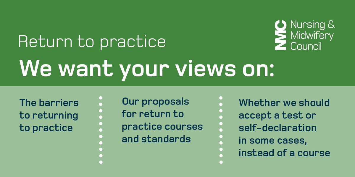 Just over a week left to tell us how you think nurses and midwives should re-join our register after a career break – take part in our consultation. #ReturnToPractice - nmc.org.uk/rtp-consultati…