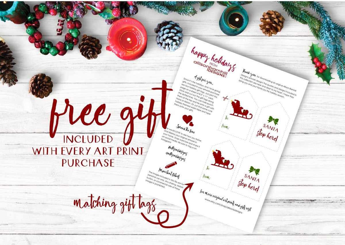 Who likes free things? 🙌 If you raised your hand, then head on over to my Etsy shop and pick out your favorite instant downloadable....AND...get free coordinated gift tags. etsy.com/shop/allisonbd… #freebies #christmasgiftideas #artprint