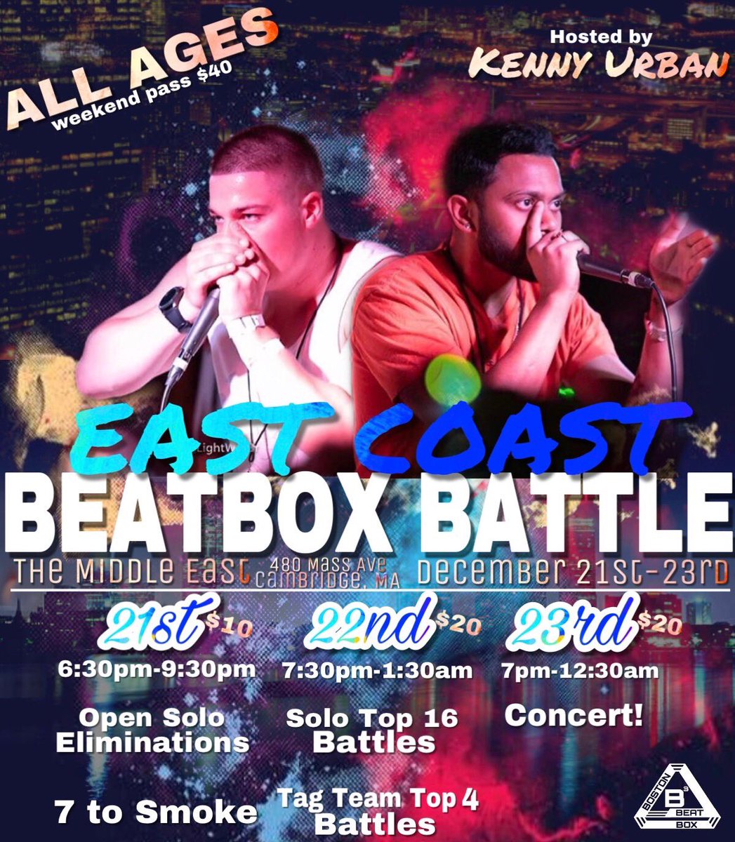 Presented by Boston Beatbox in November this year!

ALL AGES! SOLO, TAG TEAM, CONCERT EVENT!
Anyone and everyone is welcome :)

PRIZES:
-Swissbeatbox Video Shoutout
-A performance at the concert
-Gigs in Boston, NY, and at a show with Honeycomb
-Merch