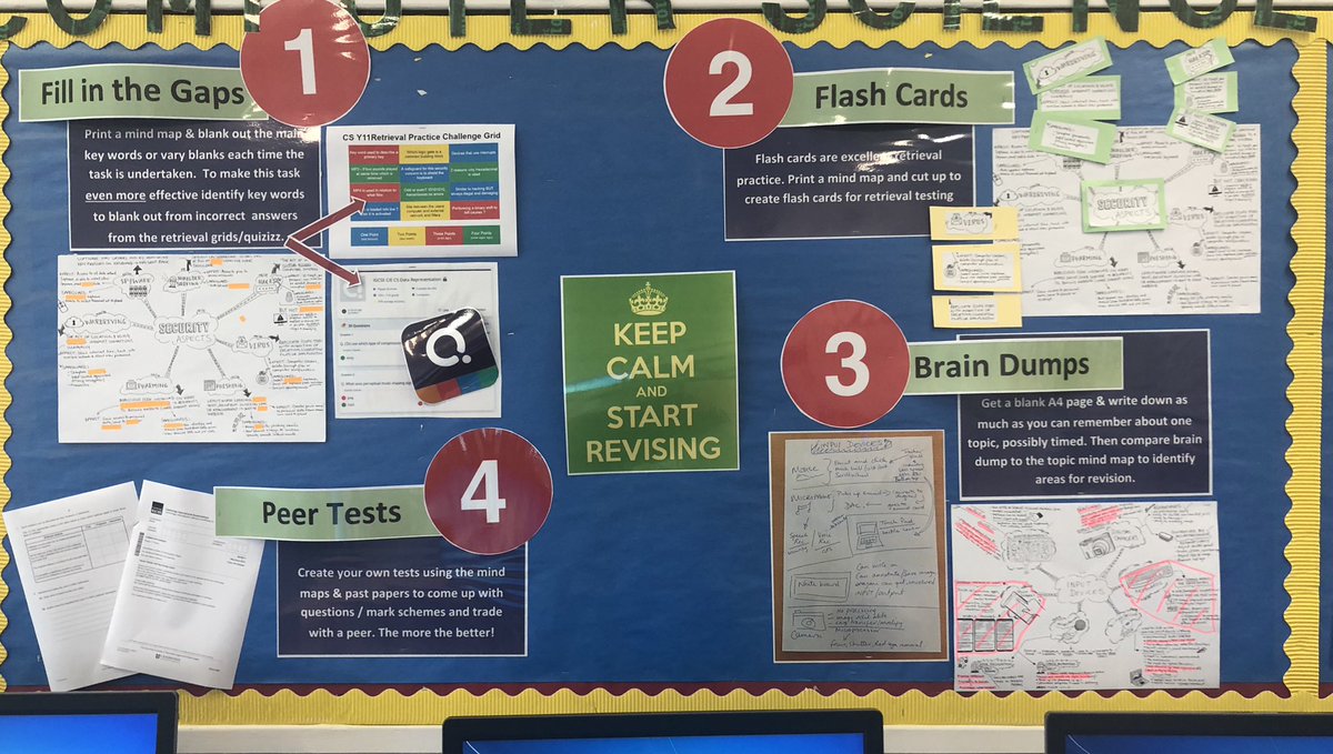 BSAKdigital's tweet photo. GCSE #BSAKY11 revision display board finished and students trying out option 3 #BrainDumps on the desk and using their mind maps to identify gaps for revision. Fantastic #retrievalpractice task, inspiration from @RetrievalLearn https://t.co/ikuiFdGvOw