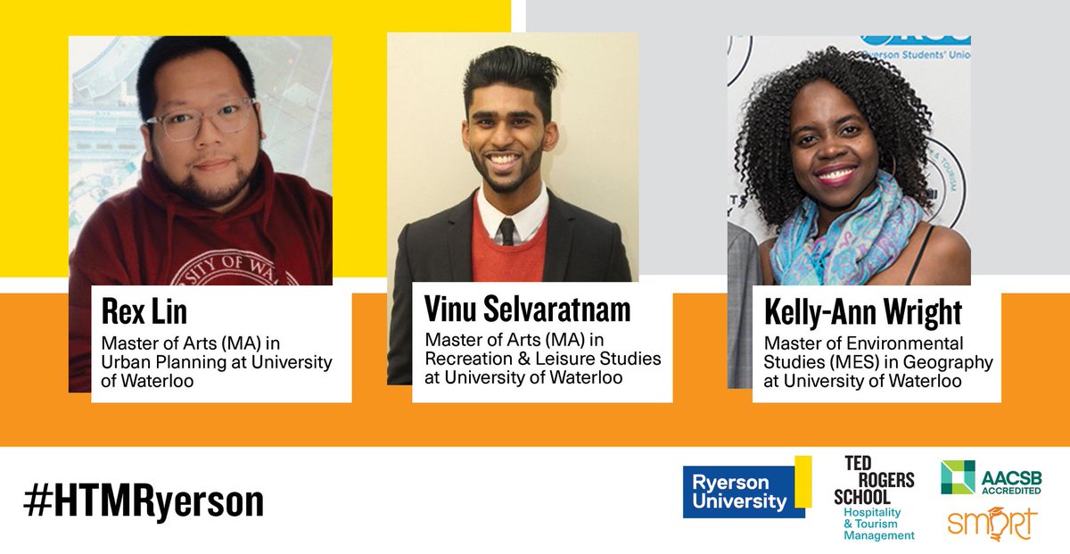 HTMtorontomet's tweet photo. Wondering what you can do after graduation? #HTMRyerson alumni Rex Lin, @VinuSelvaratnam and @KWrightca picked graduate studies @UWaterloo! #WhyRyerson #RoadfromRyerson #ThisIsTRSM https://t.co/F7EQd5a5LR