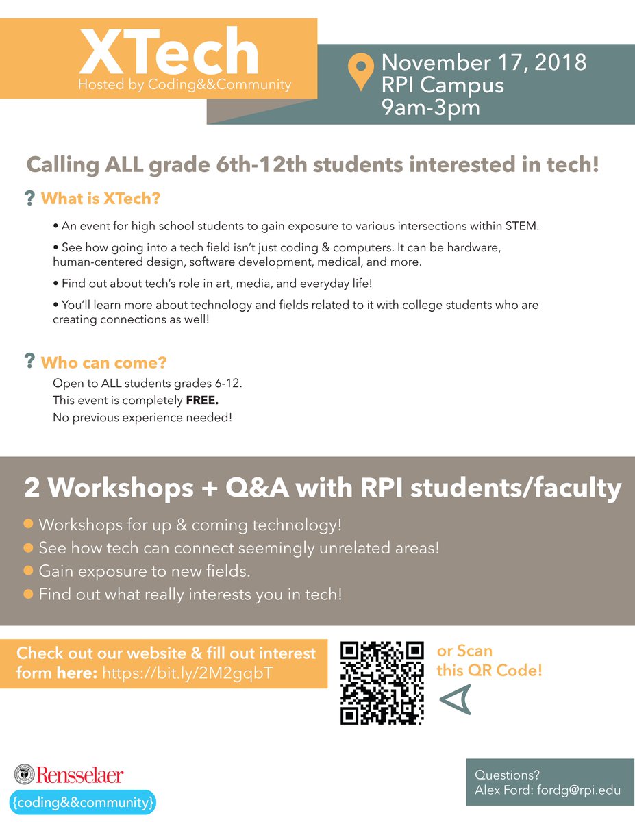 WynantskillUFSD's tweet photo. .@RPI will host XTech, a free event for Gr. 6-12 students interested in #STEM, Saturday, Nov. 17 from 9 a.m. to 3 p.m. The event will feature workshops about new technology and career fields and a Q&amp;A with RPI students and faculty. Register here. https://t.co/Hyu34t4JW3 https://t.co/2ZJuS64rbo