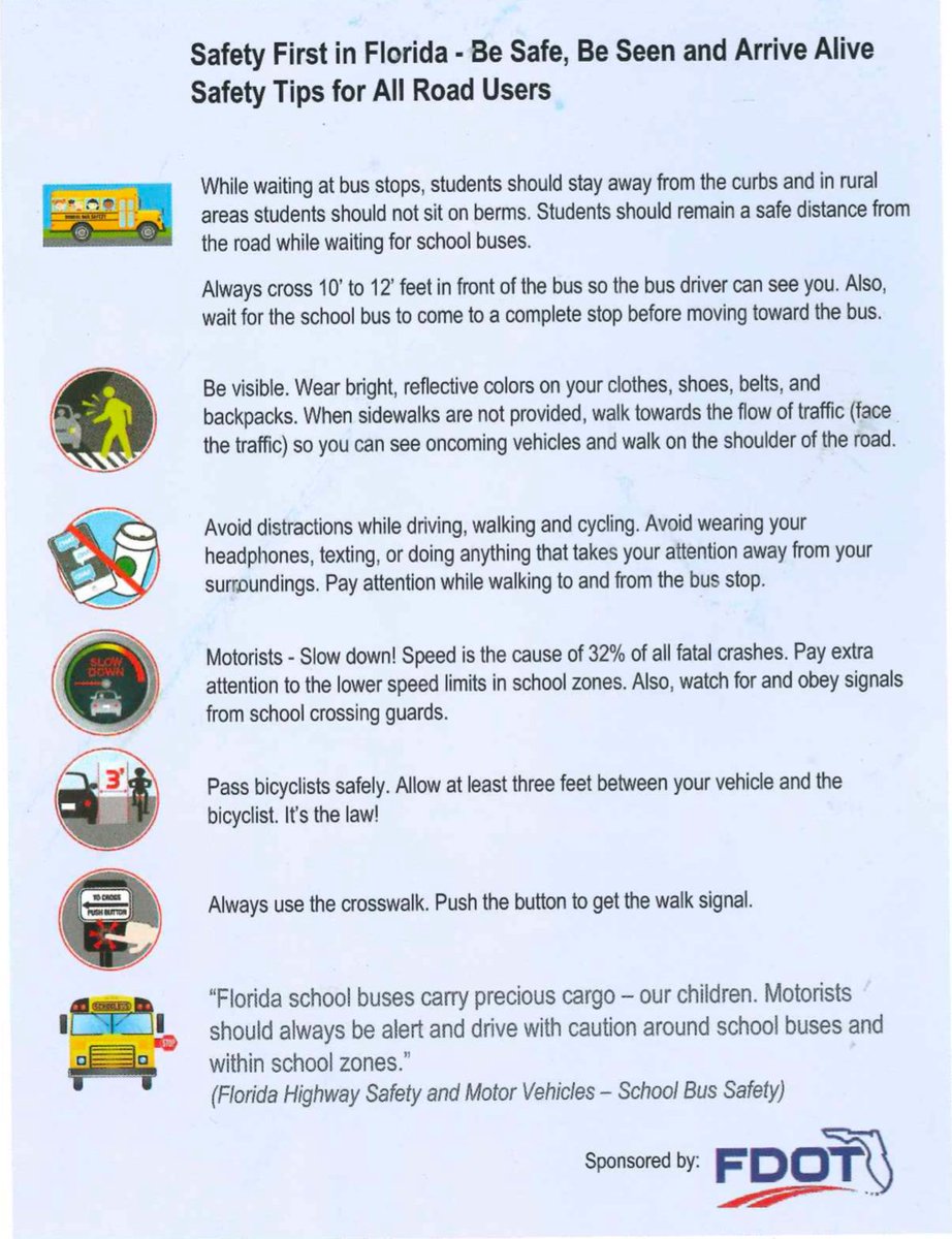 Reminder to slow down and watch out for students loading onto and off school buses each day. We post this information from FDOT about legally passing buses. Thank you for your caution.