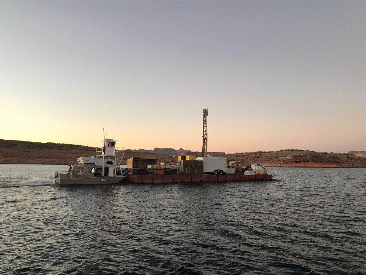 DOSECC's tweet photo. And we're off! Currently sailing (being pushed) to the first site! #science #coredrilling #lakedrilling #research #USGS #lakepowell https://t.co/O9cFPcY2Er