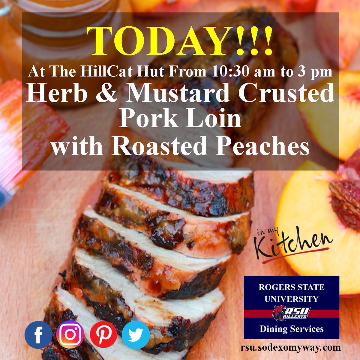 RSUDining's tweet photo. Today the Chef has put together a special lunch item that we hope you enjoy...
Herb &amp; Mustard Crusted Pork Loin with Roasted Peaches. Served with Wild Rice Pilaf &amp; Glazed Carrots. #RSUDining #InMyKitchen #HillCatHut https://t.co/UFSWgqgVEn