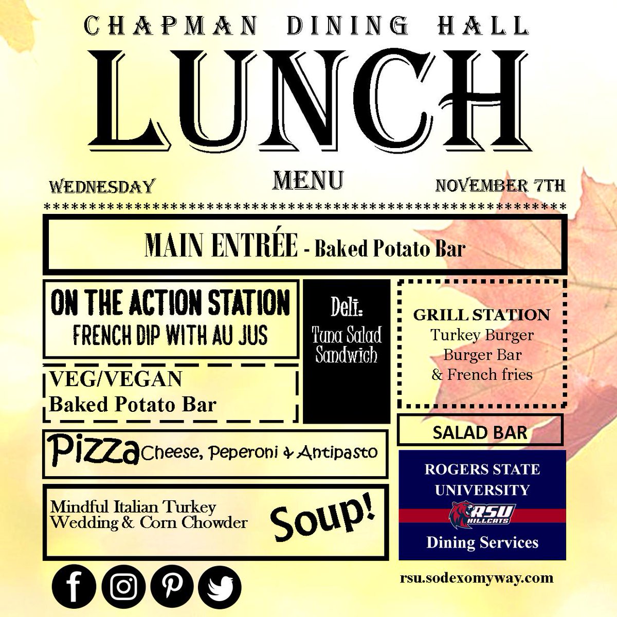 RSUDining's tweet photo. Here's what's for lunch Today at Chapman Dining Hall. 11 am to 2:30 pm. #RSUDining #ChapmanDiningHall #LunchTime https://t.co/B5TkBHMgDK