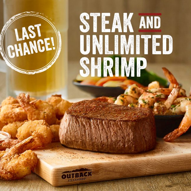 CercaTrovaRC's tweet photo. These are the final days to pair our tender, juicy steak with your choice of crispy shrimp or garlic herb butter shrimp. Hurry in! #steakandunlimitedshrimp #outbacksteakhouse #cercatrovarc https://t.co/W7Pjyjd693