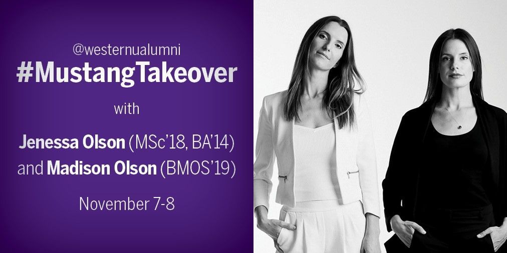 westernuAlumni's tweet photo. To get us excited for Global Entrepreneurship Week next week, we have a special #MustangTakeover! Welcome to Jenessa, MSc'18, BA’14, &amp; Madison Olson, BMOS'19, co-founders of @_STMNT_ . This duo began their business at #WesternU &amp; @westernuPropel! #takeflightwesternu #GEW2018 https://t.co/a0zzBpRICe