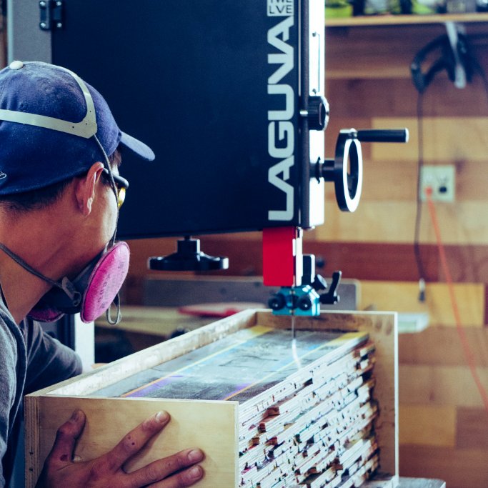 LagunaTools's tweet photo. Tell us about your current projects! Here's our buddy Ben with @wobydesign working hard on this fine Wednesday running recycled skateboards through our 14-12 bandsaw. Customer story coming soon! https://t.co/Mdn806QklY