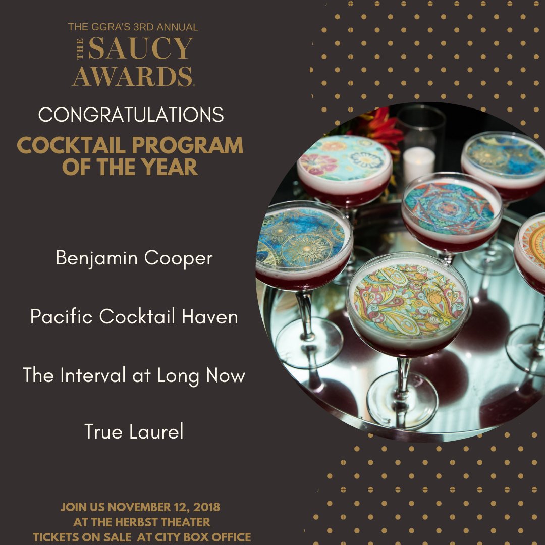 Congratulations to the #SaucyAwards nominees for Cocktail Program of the Year: <a href="/PCH580/">P.C.H.</a>, <a href="/truelaurelsf/">True Laurel</a>, <a href="/BenCoopSF/">benjamin cooper</a>, &amp; <a href="/Interval/">Interval at Long Now</a> ! 

Join us! bit.ly/2SuiA3C