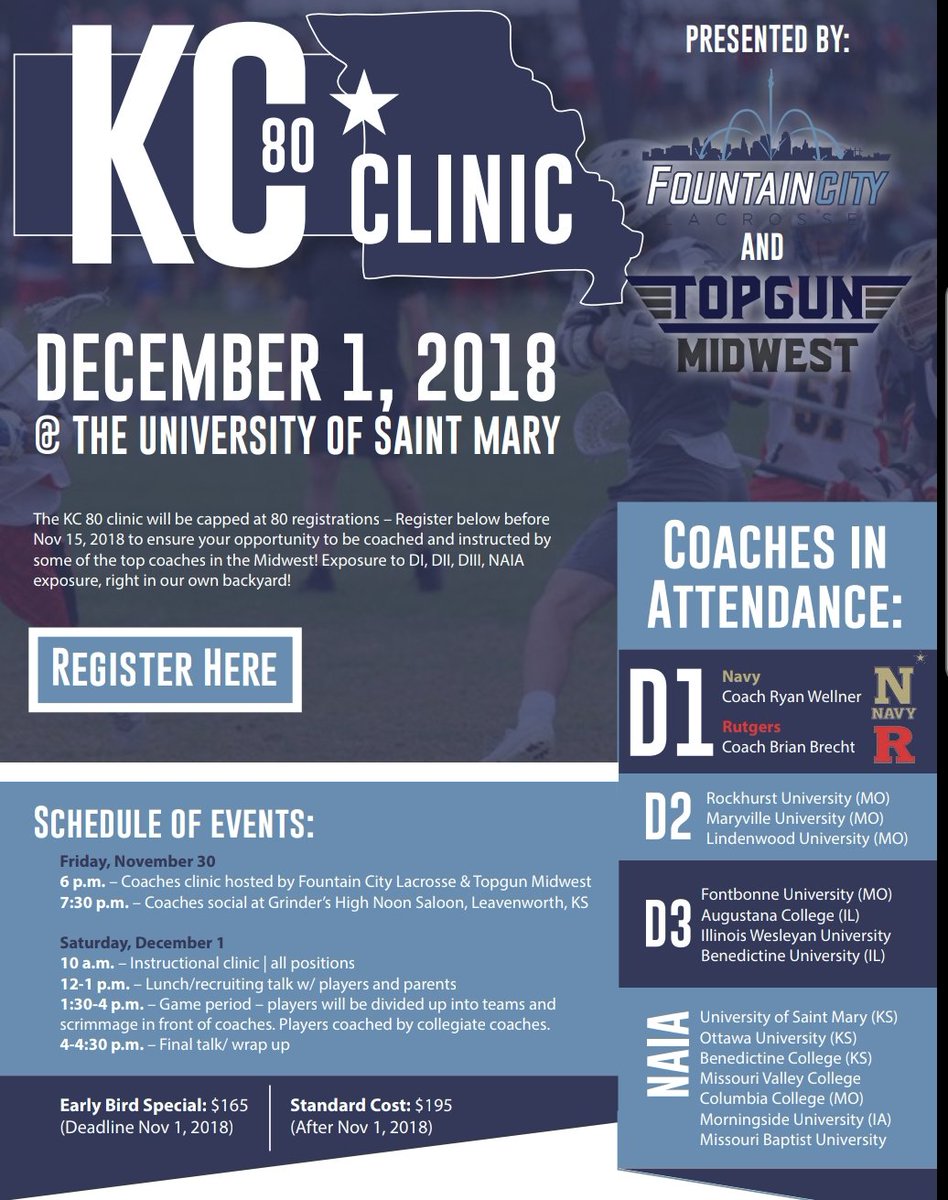 Early bird pricing extended until November 9th! Don't miss out on your chance to be coached and evaluate by Div I, II, III, and NAIA coaches this winter at USM! Register NOW! #KC80 
<a href="/MidwestTopGun/">Midwest Top Gun</a>
<a href="/LAKCLaxLeague/">LAKC</a> <a href="/bearstlax/">Bear State Lacrosse</a> <a href="/SaintMaryLax/">University of Saint Mary MLax</a>
docs.google.com/forms/d/1iZnmX…