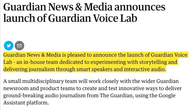 [Industrie] Le <a href="/guardian/">The Guardian</a> lance un lab pour le vocal grâce à un fond Google. bit.ly/2QqKZ9t