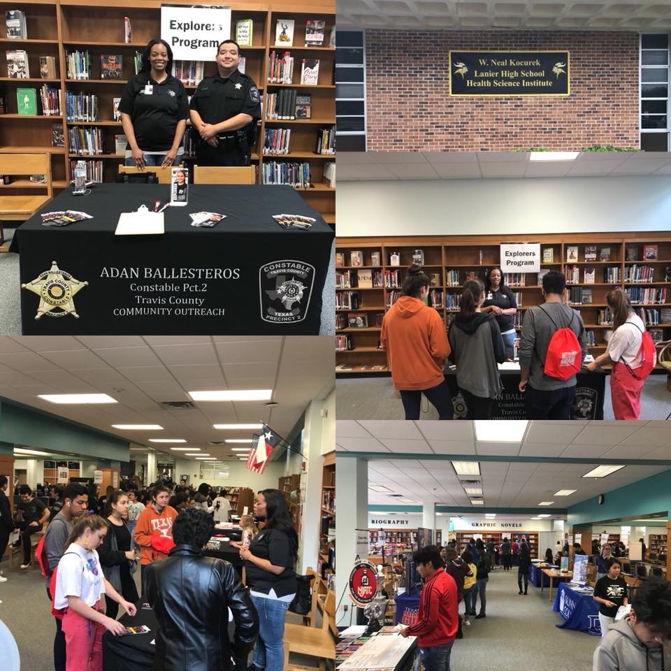 TCConstablePct2's tweet photo. Thanks to the Lanier High School Vikings for inviting PCT 2 to Career Day. Deputy Russell and Deputy De Leon are sharing information about our Explorer Program and recruiting young adults interested in a Law Enforcement Career. https://t.co/uvbBtTe3Lh