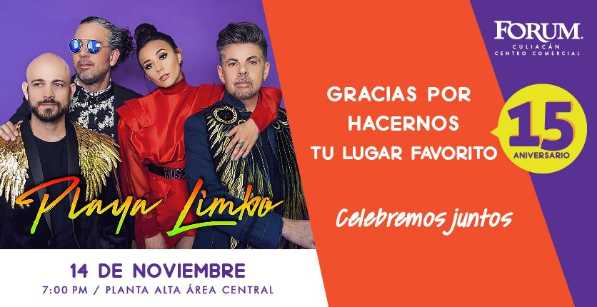 ForumCuliacan's tweet photo. ¿Ya se dieron cuenta? ¡Estamos a una semana del gran concierto de @playalimbomusic en Forum! Nos vemos el próximo miércoles 14 de noviembre #ForumCLN https://t.co/2WhERgKwQ2