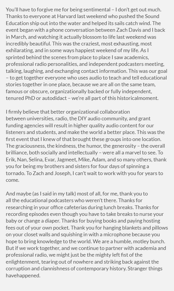 lahpodcast's tweet photo. I'm Doug from https://t.co/5mbAMcgV6P. I was one of the two guys who came up with #SoundEdu18 at Harvard. As an organizer I spent most of the event running around backstage. Just wanted to say this ⬇️ to all involved - please share with the community. @sound_edu @HardcoreHistory https://t.co/zeF6FQdrXb