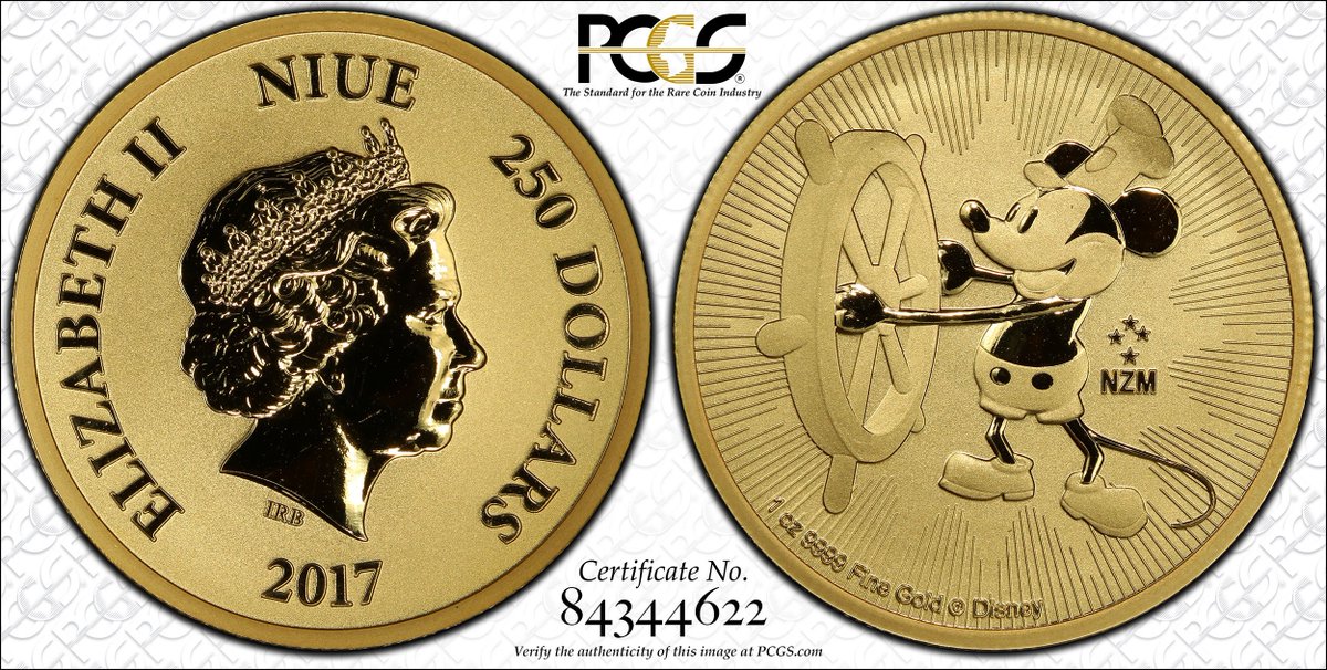 PCGScoin's tweet photo. One of the most recognized figures in entertainment Mickey Mouse made what is considered his film debut 90 years ago in Steamboat Willie. This $250 gold Disney dream from @NZMint is graded #PCGS MS67
#Mickeys90thCelebration #SteamboatWillie #WorldCoinWednesday https://t.co/0z3cQzkBKG