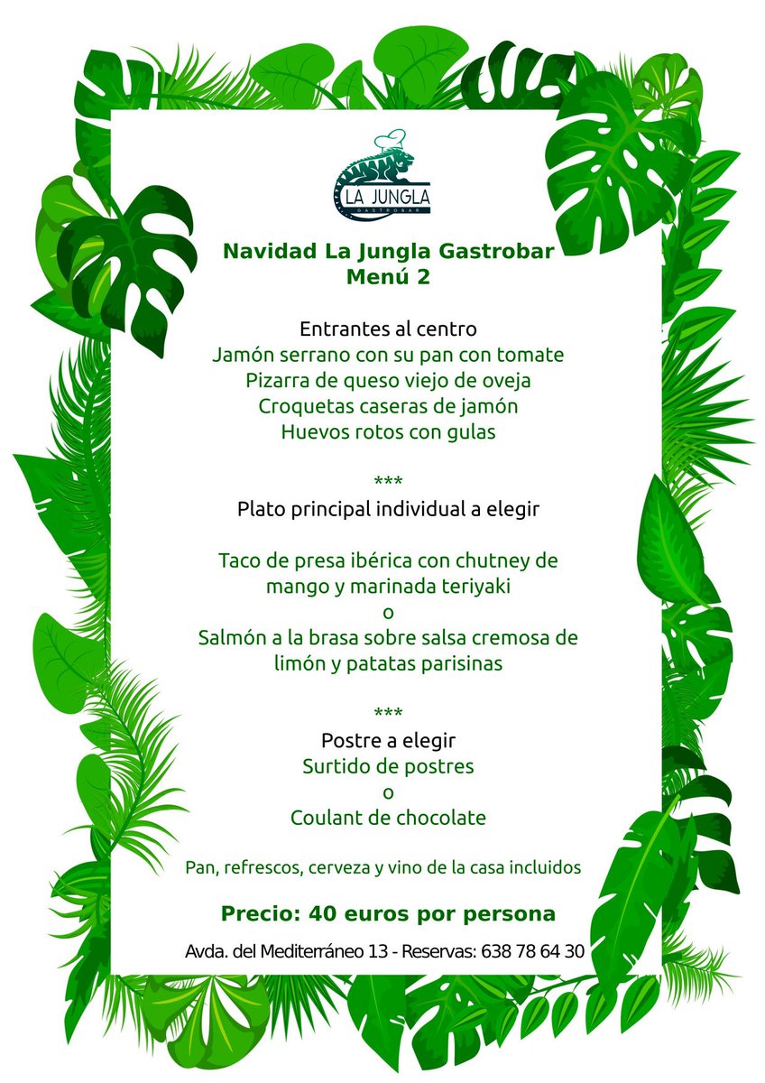 LaJunglaTapas's tweet photo. Aquí están nuestros menús especiales de Navidad para grupos de amigos, familias o empresas. Los adaptamos a necesidades derivadas de intolerancias y alergias alimentarias. Las reservas en el 638 78 64 30. ¡Ojito, que vuelan las fechas disponibles! #Almería #CenasdeEmpresaa https://t.co/NDOR3eVtMf