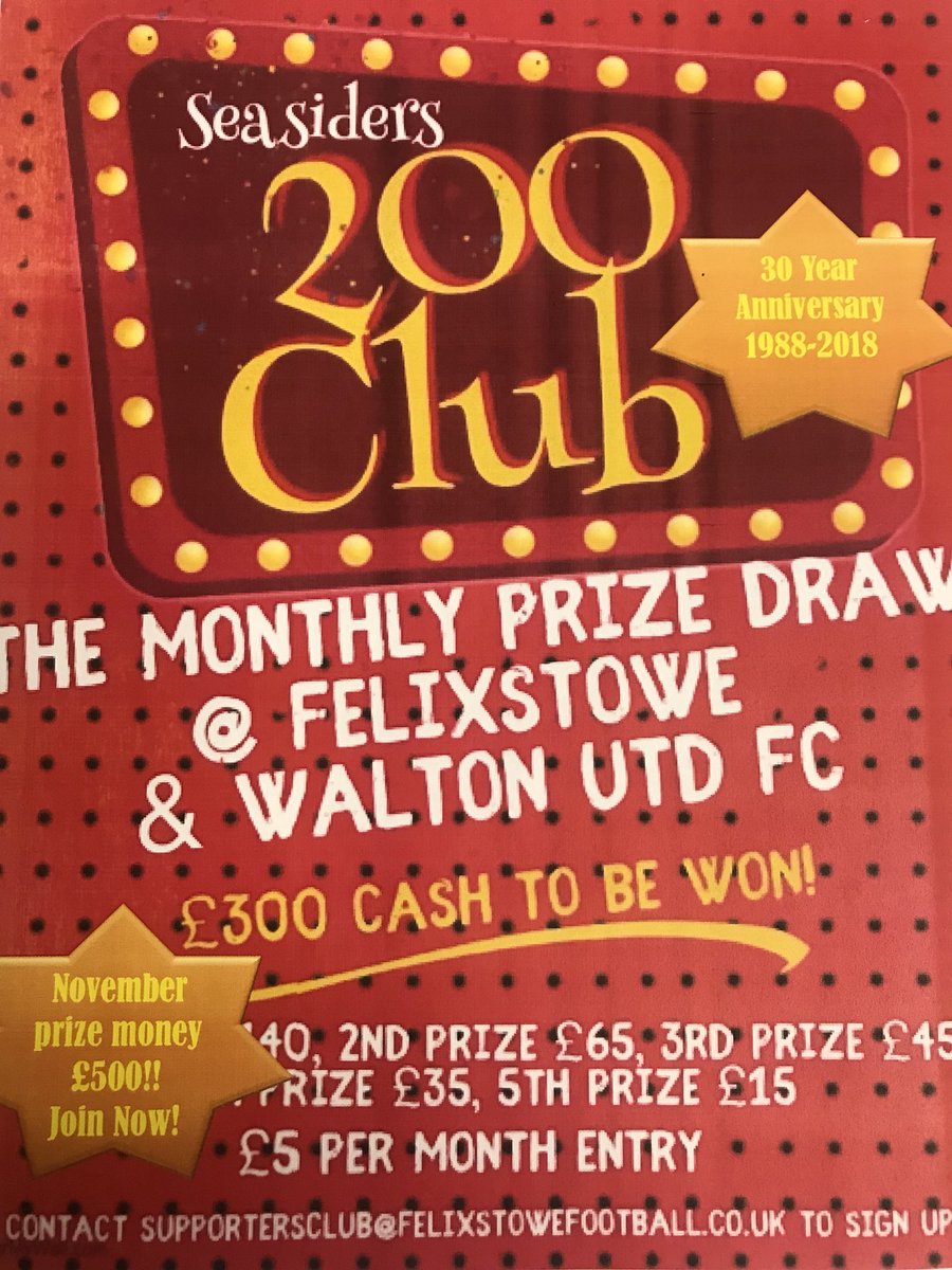 The @Felixseasiders 200 club draw is 30 years old this month!! To celebrate and as a reward for your support we are doing a special draw in November with prize money of £500!! There is plenty of time to join and it is simple to do, comment for details. £5 per month