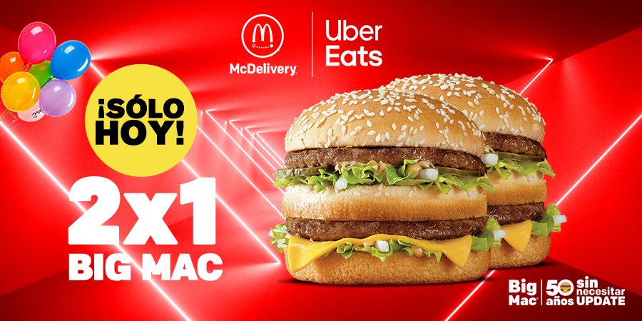 McDonaldsMexico's tweet image. ¡Ordena a través de @UberEats_mex a partir de medio día y recibe 2 Big Mac por $50! Etiqueta a tus amigos y disfruten de #BigMac50.

*Promo válida sólo por hoy, limitado a 10,000 cupones, no incluye complementos, no es acumulable, aplican restricciones*  McD.to/6018E6LJn