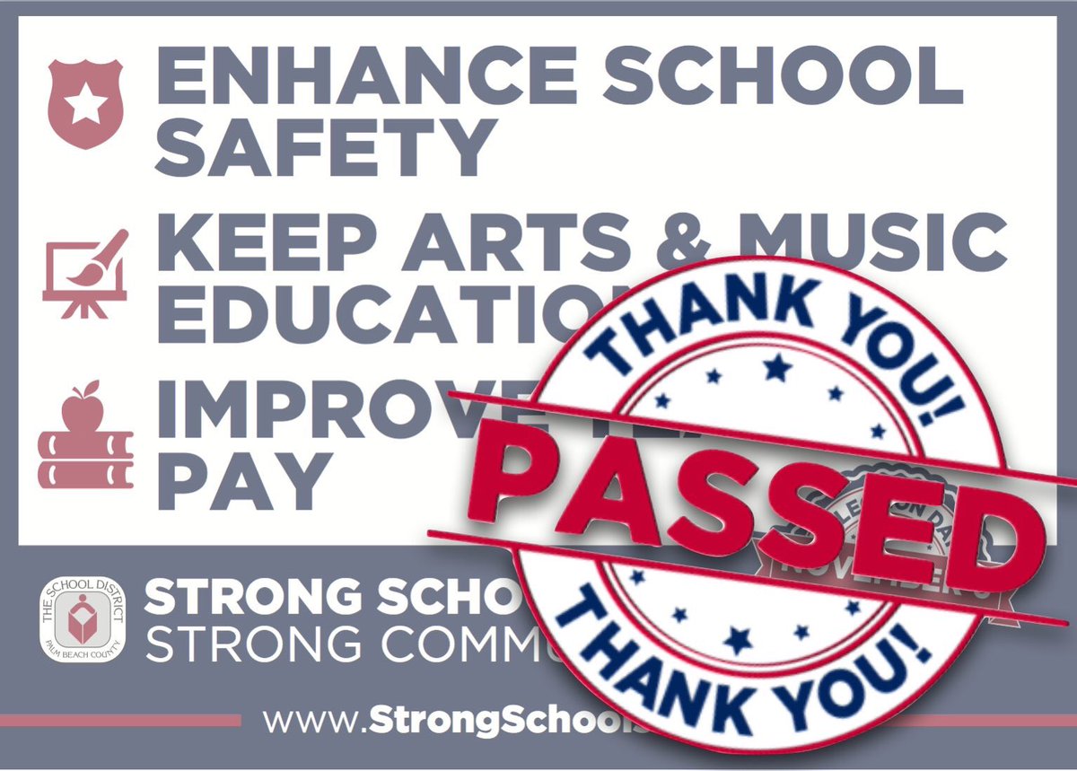 Congratulations to our teachers, principals, and our communities on passing the District’s referendum! Thank you! #SouthRegionProud #StrongSchoolsPBC #EnhanceOurSchools