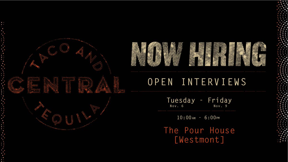 Central Taco is NOW HIRING!
Stop by <a href="/PJsPourHouse/">The Pour House</a> Westmont for OPEN INTERVIEWS
10AM - 6PM Today through Saturday 
Or Apply Online:  centraltandt.com/#contact