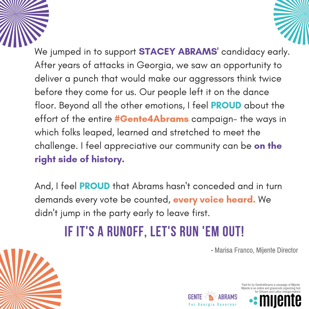ConMijente's tweet photo. 👏🏾👏🏾 Mijente Director Marisa Franco on @StaceyAbrams and @gente4abrams campaign. #MoveGAForward #GOTV #Gente4Abrams #PoderLatinx https://t.co/N4oM5ssGT1