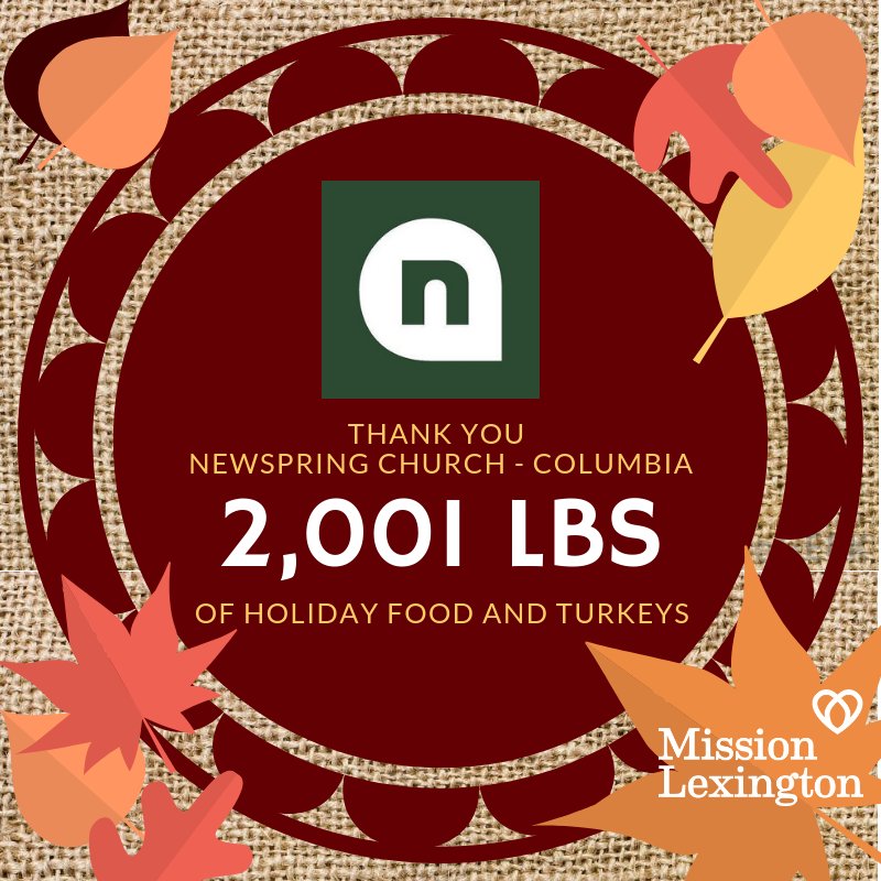 MissionLexSC's tweet image. A HUGE THANK YOU to @newspring Columbia for coming through again this year to kick off our Holiday Food Drive season! Their campus collected 2,001 lbs of holiday food and turkeys/hams for our families we serve. We cannot say thank you enough to those who gave! 🦃❤️