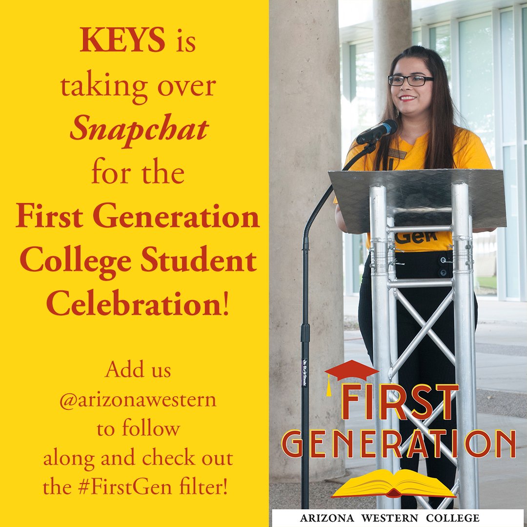 ArizonaWestern's tweet image. Join us tomorrow at the #FirstGen College Student Celebration and find us on Snapchat for @triokeys Takeover! #IAMFIRSTGEN 

The celebration is 11am-1pm on Yuma Campus, part of the Chili Cook-off and Spirit Week! #ArizonaWestern