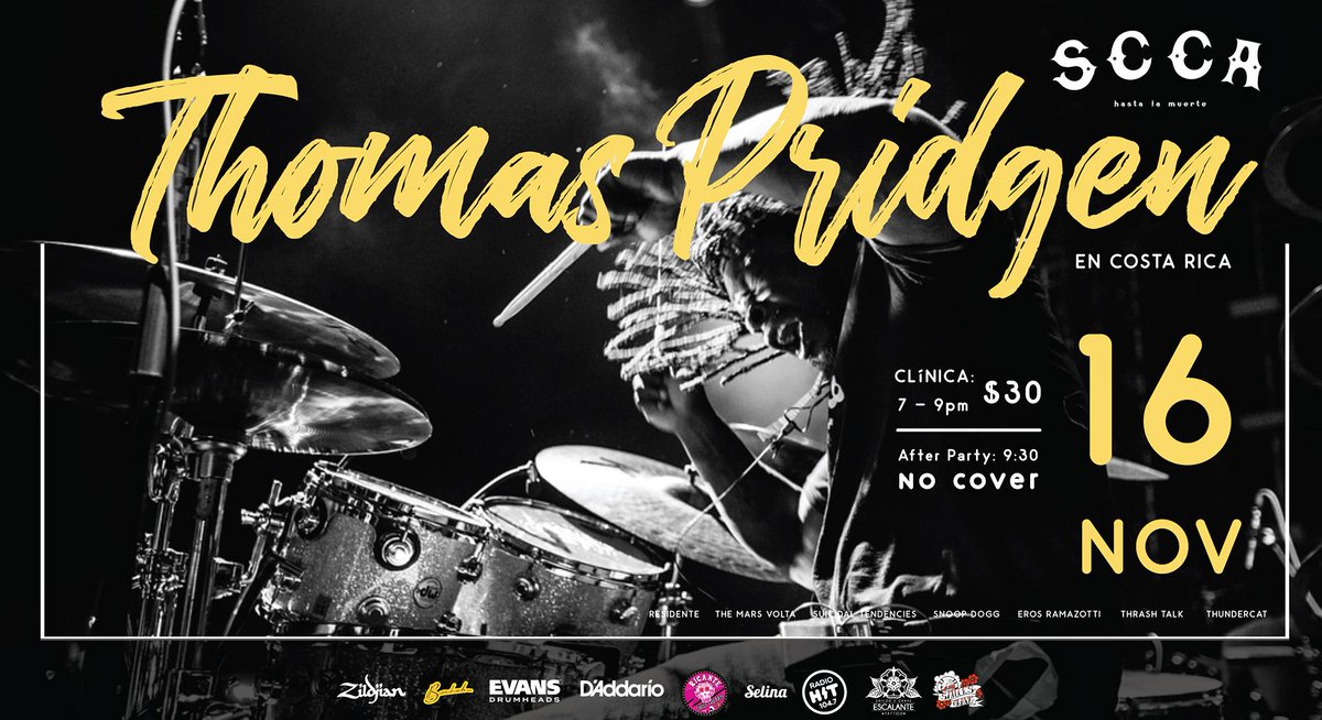 El baterista estadounidense Thomas Pridgen, brindará clínica en la Cantina SCCA el próximo 16 de noviembre. #FeedBackCR
bit.ly/2DqAIax