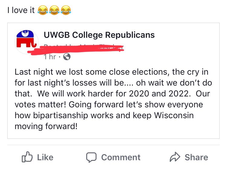 FischandPanda's tweet photo. Not the results #Republicans wanted in Wisconsin, but a pretty good response by the UWGB College Republicans.  Thanks @ScottWalker for moving Wisconsin forward. 

@GOP @benshapiro @charliekirk11 @TPUSA https://t.co/kJSFLrsUtm