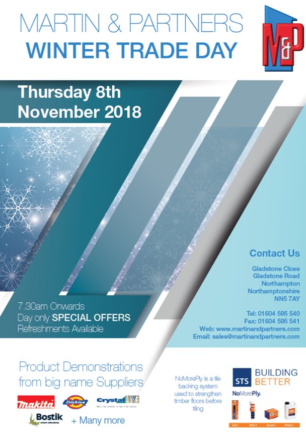 MartinPartners's tweet photo. Join us on Thursday November 8th for fantastic on the day only, special offers from industry leading brands such as @MakitaUK @Dickies @bostik and @CrystalDirectUK Free refreshments and product demonstrations. From 7:30 onwards NN5 7AY. https://t.co/VgIBAelqSL
