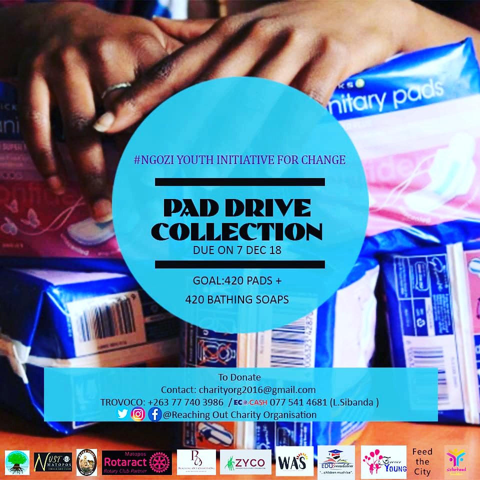 reachingcharity's tweet photo. Get involved by donating a pack of soap and sanitary pads. About 3 out of 10 girls don't have access to sanitary pads in Zimbabwe @MboMahocs @miss_tee09 @MantateQueeneth @Hlengiwe_Mt @Wildzimb @leemadzvamuse @rotaractnust @Trovocorg @orapzenzele @Busisa74 @KirstyCoventry @citezw https://t.co/OTAMHieOEP