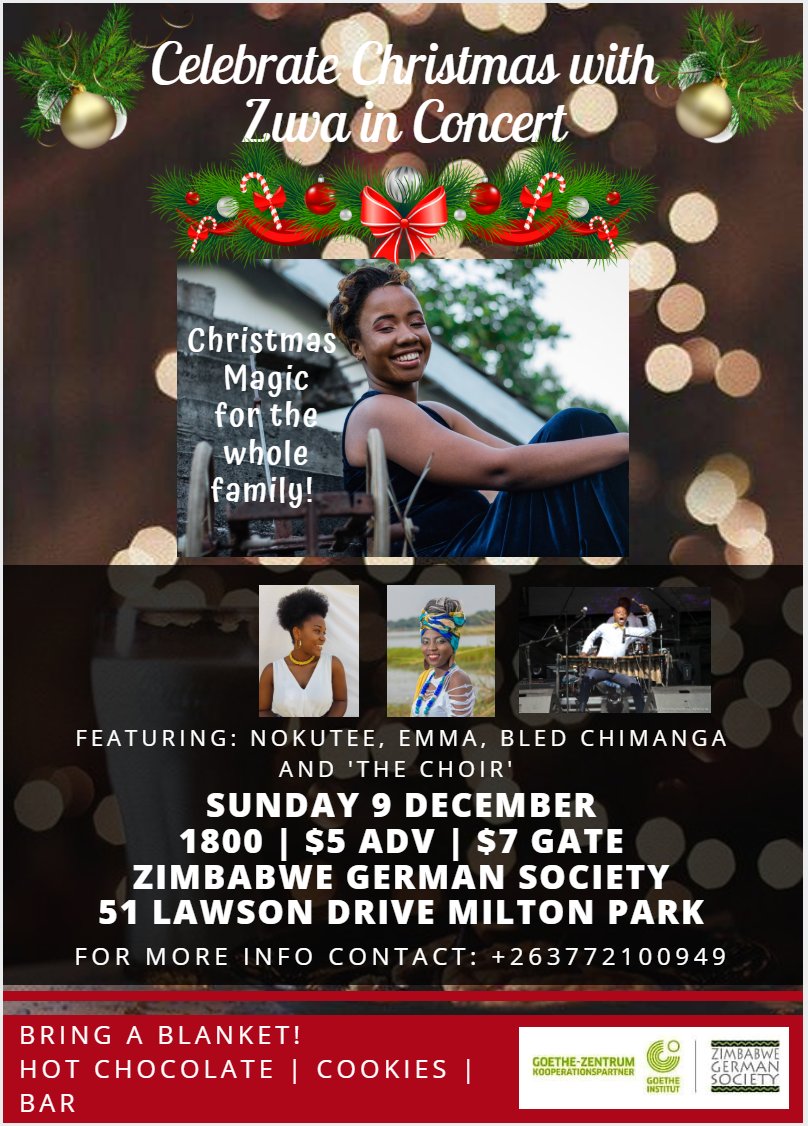 _zuva_'s tweet image. You people like things😂, so here you go➡

I promised another show before year end, and God has made it possible!🙌🏽
Come and celebrate Christmas with me in concert💃🏽❤.Love and light for the whole family! 
#ChristmasForEveryone #MagicForEveryone

Details on flyer! See you there