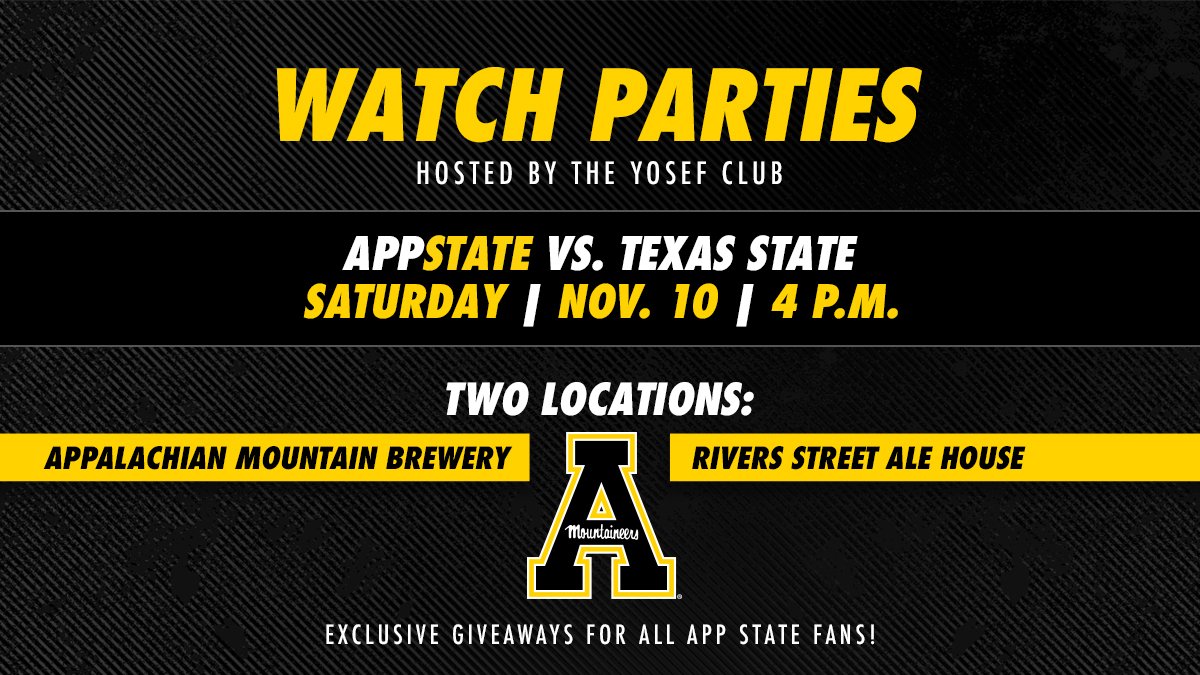App State Athletics (@appstatesports) on Twitter photo Come watch <a href="/AppState_FB/">App State Football</a> take on Texas State this Saturday! The @YOSEFCLUB will be hosting two local watch parties at <a href="/AMBrewery/">Appalachian Mountain Brewery and Cidery</a> and Rivers Street Ale House. See you there for a 4 p.m. kickoff! π #BeatTexasState Come watch <a href="/AppState_FB/">App State Football</a> take on Texas State this Saturday! The @YOSEFCLUB will be hosting two local watch parties at <a href="/AMBrewery/">Appalachian Mountain Brewery and Cidery</a> and Rivers Street Ale House. See you there for a 4 p.m. kickoff! π #BeatTexasState
