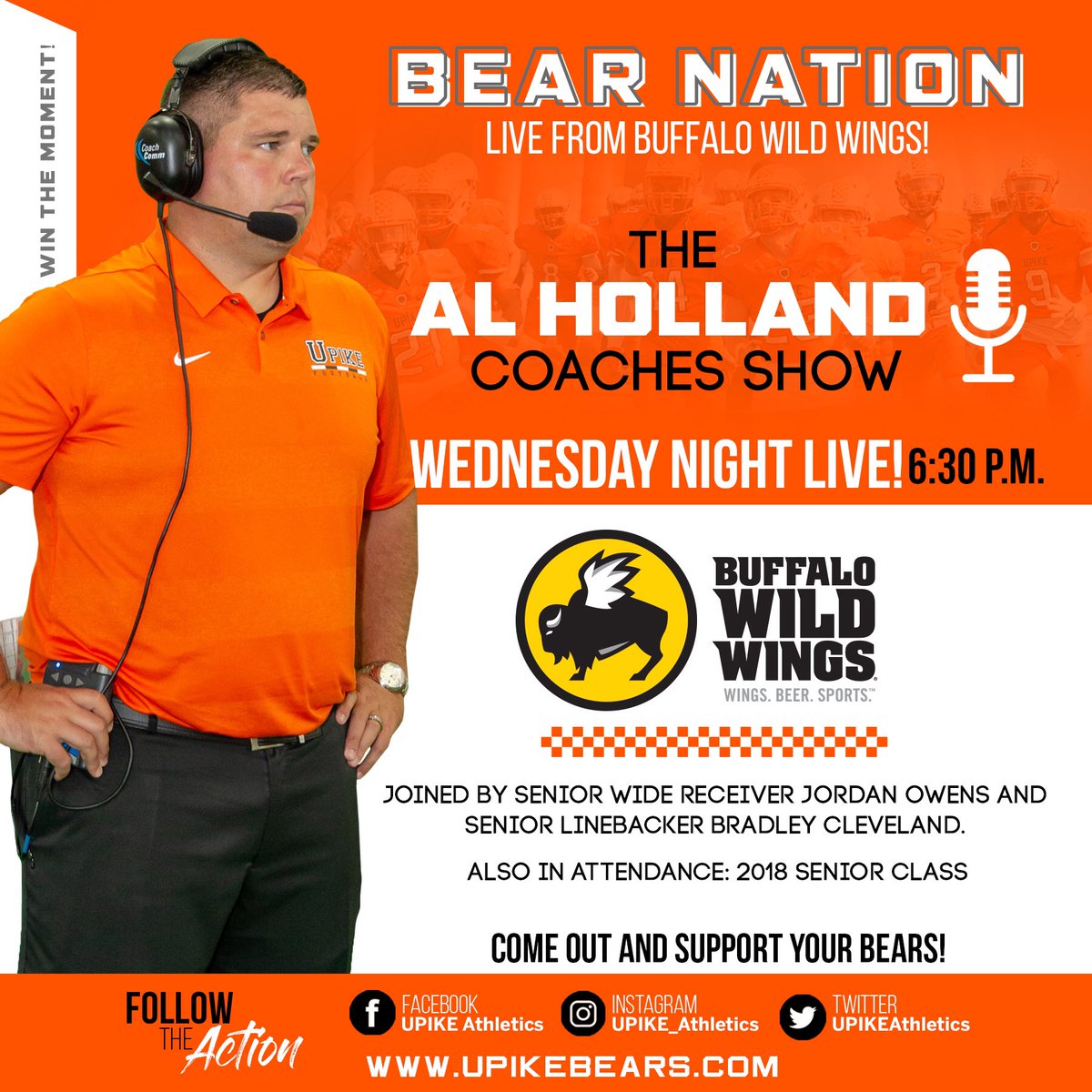 UPIKEFOOTBALL's tweet photo. The Coach Al Holland Show live tonight @BWWPikeville at 6:30pm! Come talk UPIKE Football with coaches &amp; players as we get ready for University of the Cumberlands this Saturday night at Home! #UPIKEFootball #WinTheMoment #SeniorDay18 https://t.co/bz2r3QqqEW