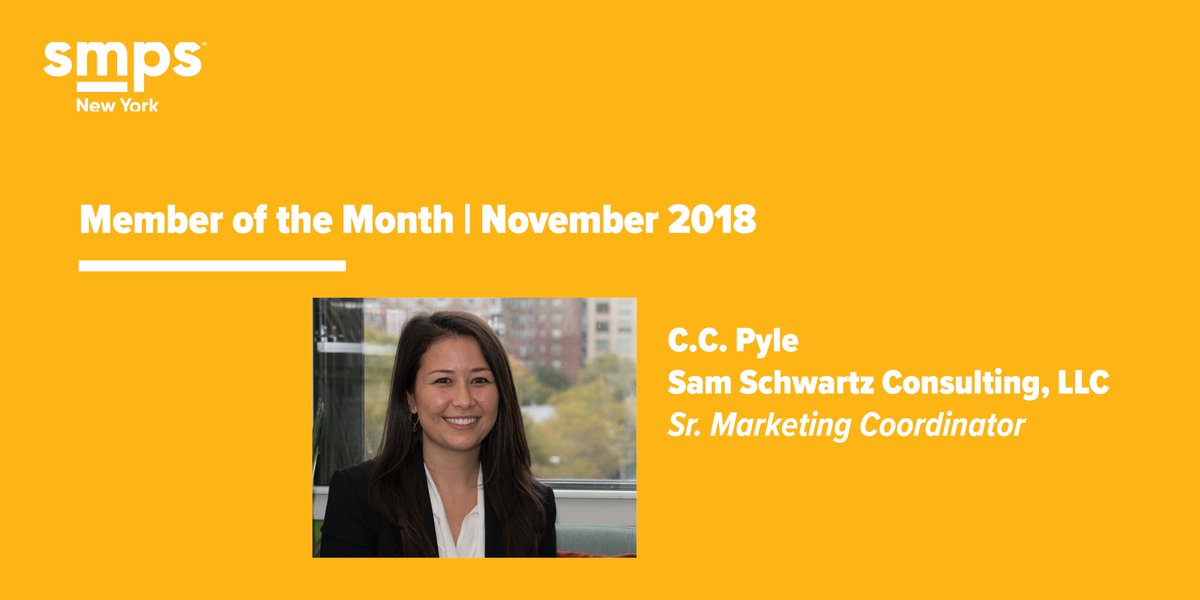 SMPSNewYork's tweet photo. Meet C.C. Pyle - our November 2018 #MemberoftheMonth! A Sr. #Marketing Coordinator at @SamSchwartzEng, C.C. helped pull off our biggest event of the year, #TME18! Get to know C.C.: https://t.co/0Miy30jELO

#SMPSNY #congrats #awesome #nyc #smps #marketing https://t.co/eDBbrtnod0